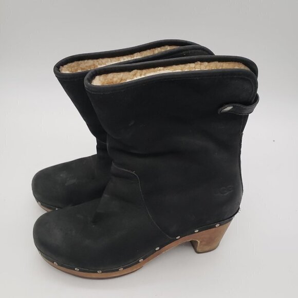 UGG Women’s Lynnea Shearling Fold Down Two-Way Clog Boot Black/Creme Size 8 - Picture 7 of 10